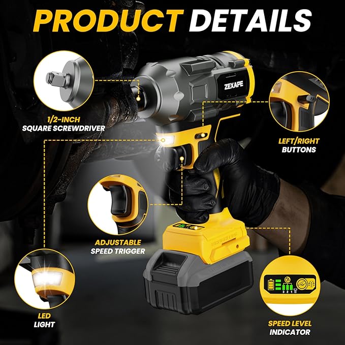 Cordless Impact Wrench 1/2 inch for DeWalt 20v Battery, Impact Wrench 950Ft-lbs High Torque Brushless Electric Impact Gun, Power Impact Driver with 3-Mode Speed, LED Work Light(no battery)