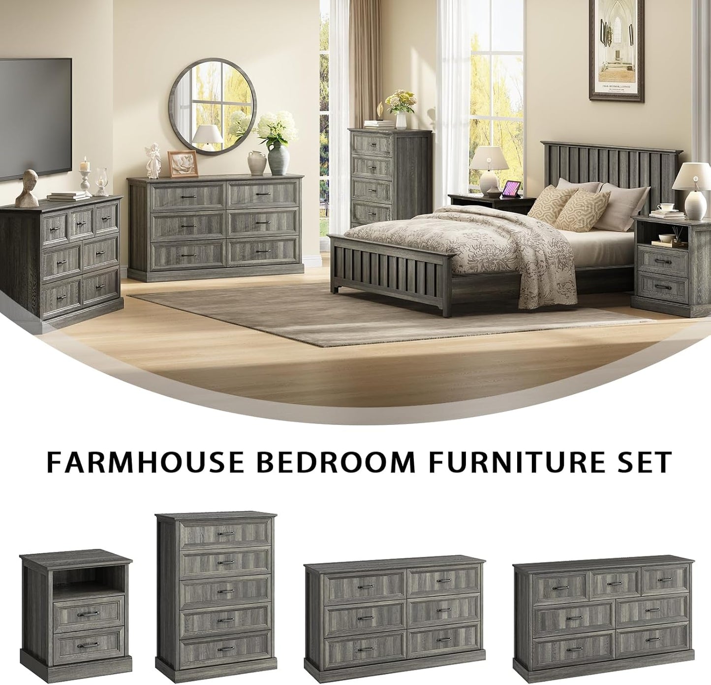 Farmhouse 6 Drawer Dresser for Bedroom, 55 Inch Wide Modern Grey Dresser TV Stand with Large Drawers & Bar Handles, Rustic Wood Chest of Drawers for Bedroom, Living Room, Hallway, Entryway.