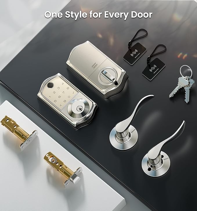 Veise VE017-L Fingerprint Smart Lock with 2 Lever Handles, Keyless Entry Front Door Lock Set, App Control, Electronic Digital Keypad Deadbolt, Easy Installation, Emergency Power Port, Satin Nickel