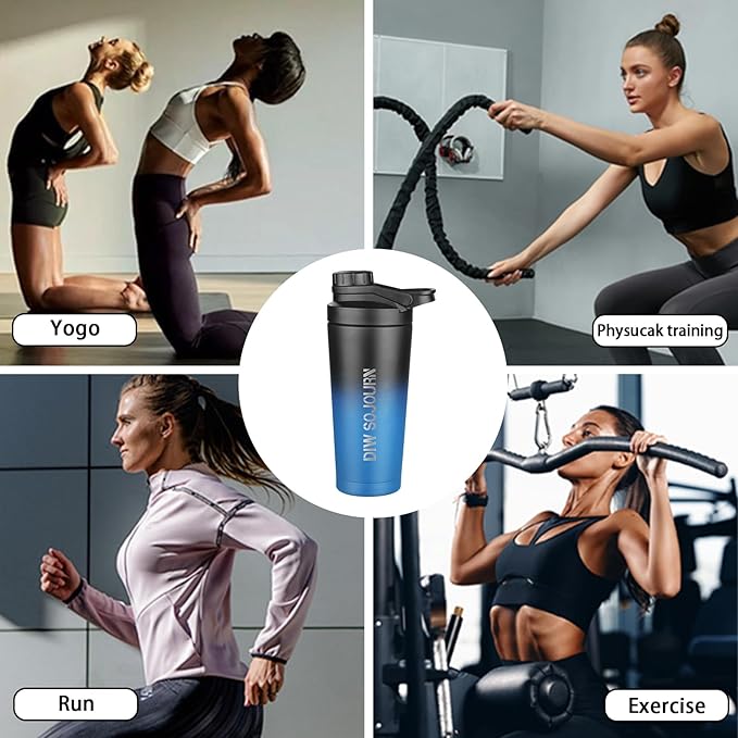 24 oz Shaker Bottle,Stainless Steel Shaker Bottle with Noise-Free Design,Insulated Metal Shakers Bottles Cup for Protein Mixes and Pre Workout,Gym Shaker Bottle (Black&Blue)