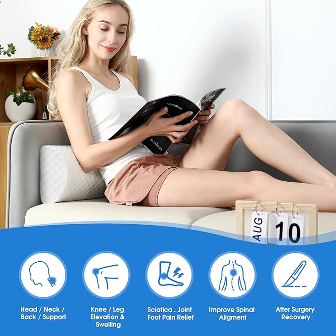 Forias Knee Pillow for Back Sleeping, Memory Foam Leg Pillow for Side Sleeping Bolster Pillow for Legs Elevation Half Moon Leg Elevation Pillow for Knee Lumbar Support, Ankle Rest and Foot Comfort