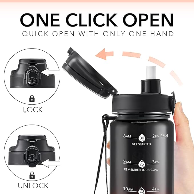 GOSWAG Water Bottles, 32 oz Motivational Sports Water Bottle with Straw and Time Marker to Remind You to Drink, Comes with Carry Strap, Leakproof
