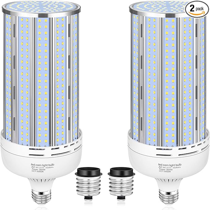 2 Pack 300W Corn LED Light Bulb Fanless,5000K Daylight(3000 Watt Equivalent) E26/E39 Large Mogul Base LED Cob Lamp 44,000LM for Outdoor Indoor Garage Warehouse Factory Workshop Street Backyard