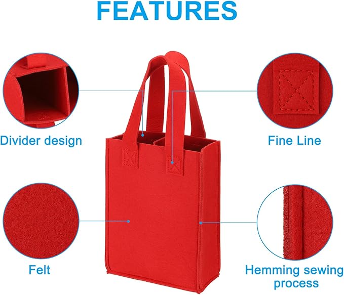PATIKIL 2 Bottle Wine Carrier Tote Bag, Wine Bottle Carrying Bag with Divider Reusable Wine Storage Bag Felt Grocery Bags Portable Gift Bag, Red