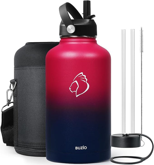 BUZIO 64oz Insulated Water Bottle Stainless Steel Double Wall Leak Proof Half Gallon with Straw Lid and Flex Cap (Cold for 48 Hrs) Sports Flask Metal Travel Mug for Hiking Cycling, Ruby Red Navy