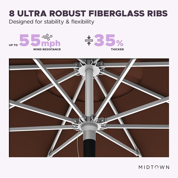 Midtown Umbrellas Push Pop Sunbrella Umbrella 10 Feet Large Outdoor Umbrella With Bay Brown Acrylic Fabric - Deck Patio Umbrella, Backyard Umbrella, Garden Umbrella & Pool Umbrella - Black Pole