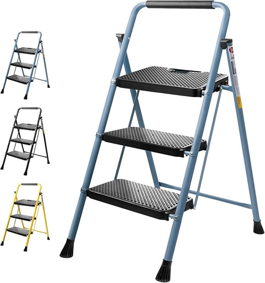 TICONN 3 Step Ladder, Heavy Duty Foldable Step Stool, Portable Steel Folding Stool for Household Garage Storage (Blue)