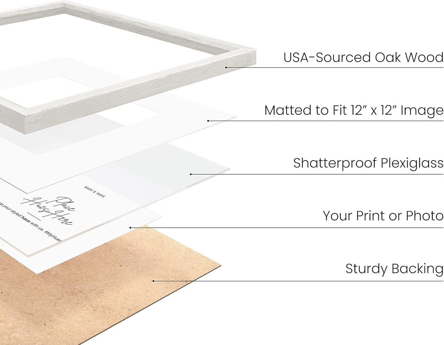 HAUS AND HUES Solid Oak 16”x16” Picture Frame Matted to 12”x12” - 16X16 Square Picture Frame with Mat for 12x12 Picture, White Wood Frame, 16 x 16 Frame with Mat for 12x12 Photo,16x16 Frame with Mat