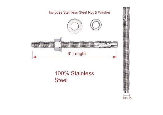 Bolt Dropper 1/2" X 6" Wedge Anchor (5pc), 18-8 Stainless Steel Corrosion Resistant Commercial Grade Washers and Nuts Included Choose Size