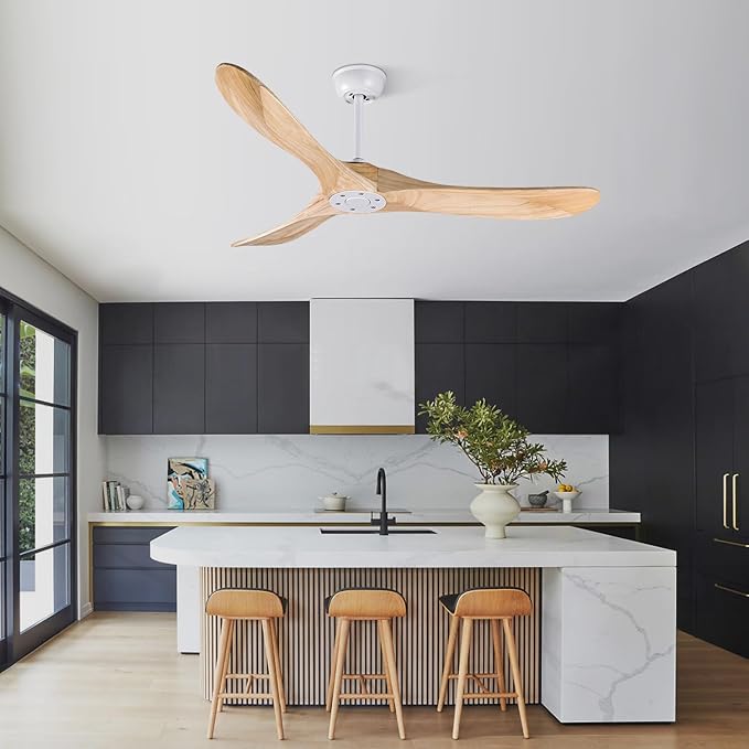 Bigzone 52" Modern Ceiling Fan No Light, DC Motor Energy Saving, 3 Solid Wood Blades, Outdoor Ceiling Fan With Remote Control，Reversible Blades