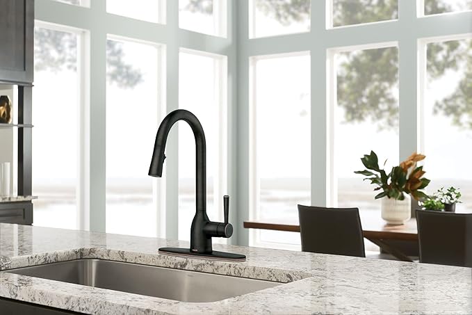 Moen Adler Mediterranean Bronze One-Handle High Arc Modern Kitchen Faucet with Power Clean and Pull Down Spray Head, 87233BRB