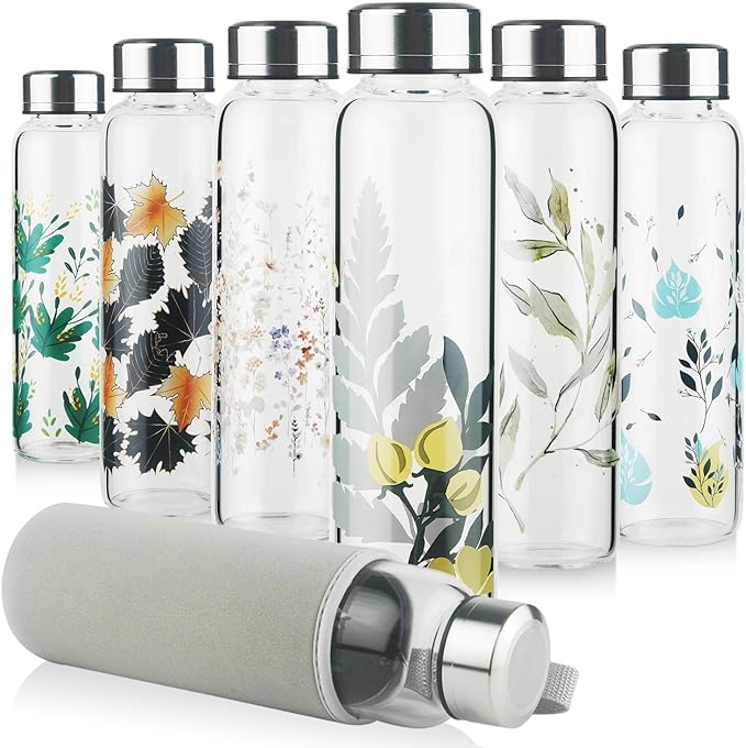 Borosilicate Glass Water Bottle, Sports Glass Drinking Bottle with Neoprene Sleeve and Stainless Steel Lid 16oz / 32oz