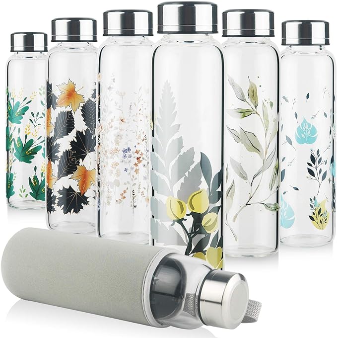 Borosilicate Glass Water Bottle, Sports Glass Drinking Bottle with Neoprene Sleeve and Stainless Steel Lid 16oz / 32oz