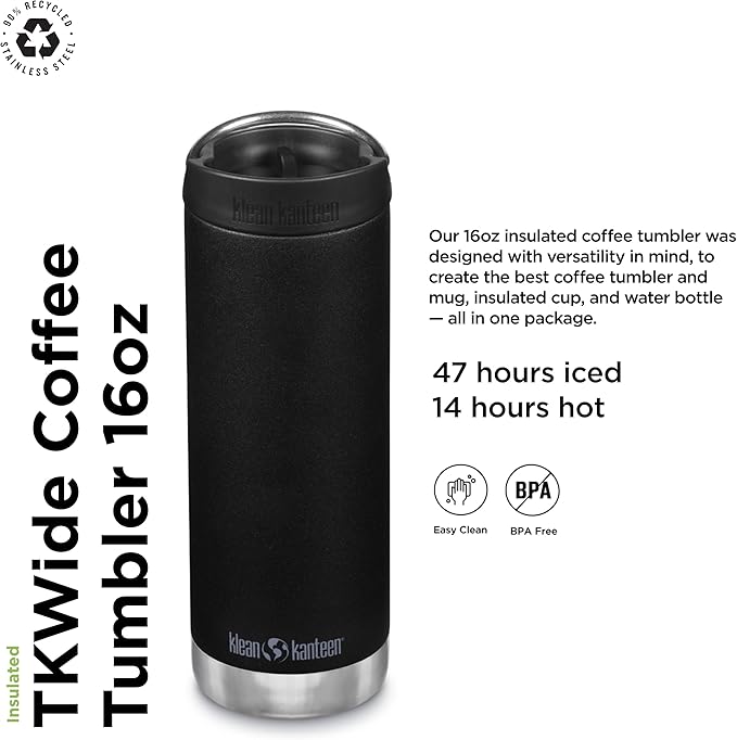 Klean Kanteen TKWide Insulated Coffee Tumbler with Café Cap - Stainless Steel Coffee Tumbler - 16 Oz, Black