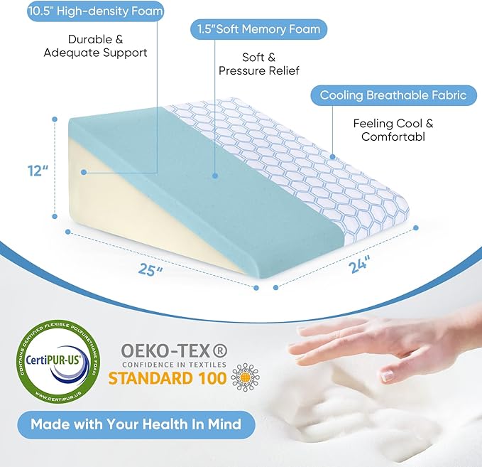 Forias Cooling Wedge Pillow for Sleeping,12" Bed Wedge Pillow for After Surgery,Acid Reflux, Snoring,Memory Foam Top Triangle Pillow Wedge with Breathable Cooling Cover