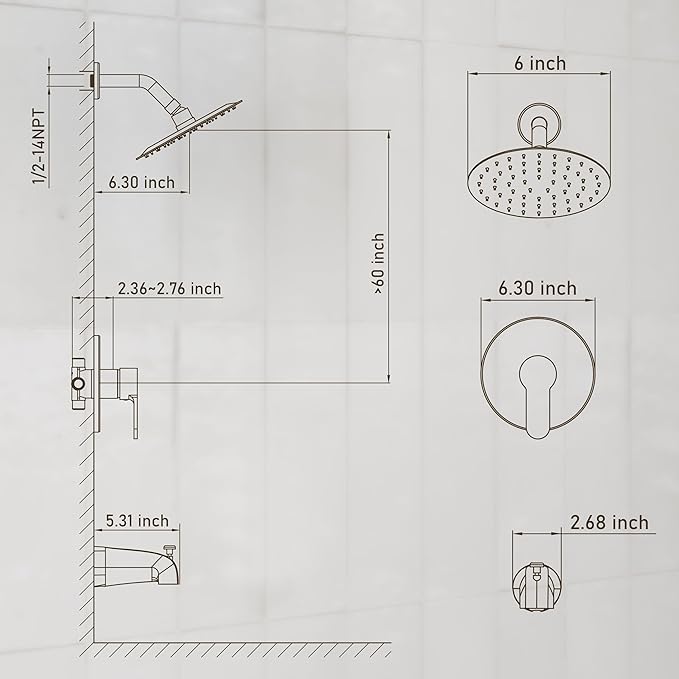 Tub Shower Faucet Set, Tub and Shower Trim Kit with 6 Inch High-Pressure Rian Shower Head,Shower Head and Handle Set, Brushed Gold