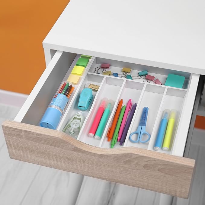 Kitchen Bamboo Silverware Organizer, Kitchen Drawer Organizer - Utensil Holder and Cutlery Tray with Grooved Drawer Dividers for Flatware 7 Slot, White