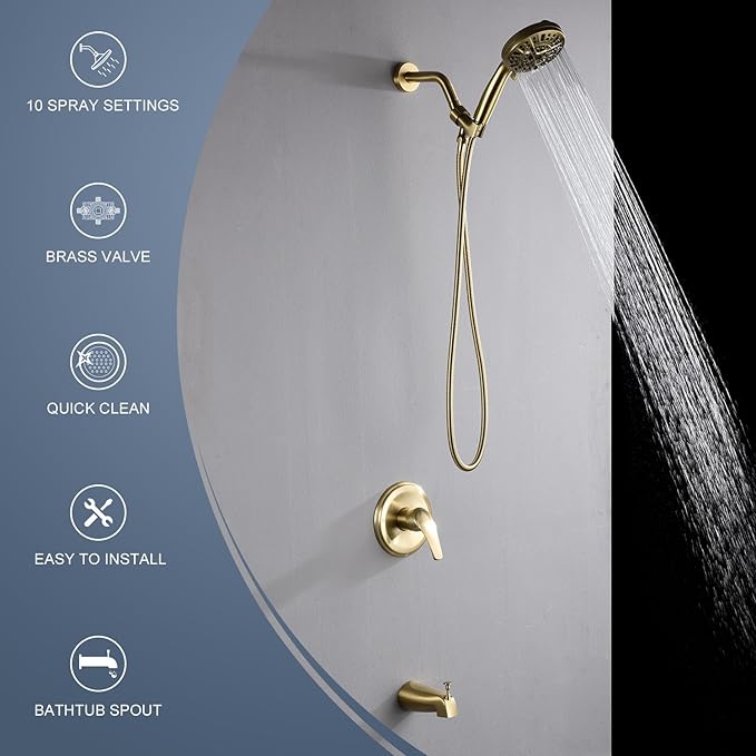 Tub Shower Faucet Combo, Brushed Gold Shower System 10 Patterns Handheld Shower Head with Tub Spout, Shower Trim Kit with Shower Head & Brass Valve