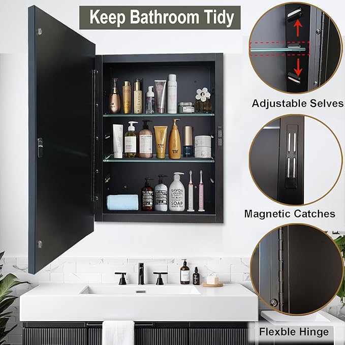 Recessed Medicine Cabinets with Mirror, Black Bathroom Mirror with Storage, Rectangle Medicine Cabinet Vanity Mirrors, Antirust Metal Framed Wall Mirror Recessed or Surface Mount, 16x24 Inch