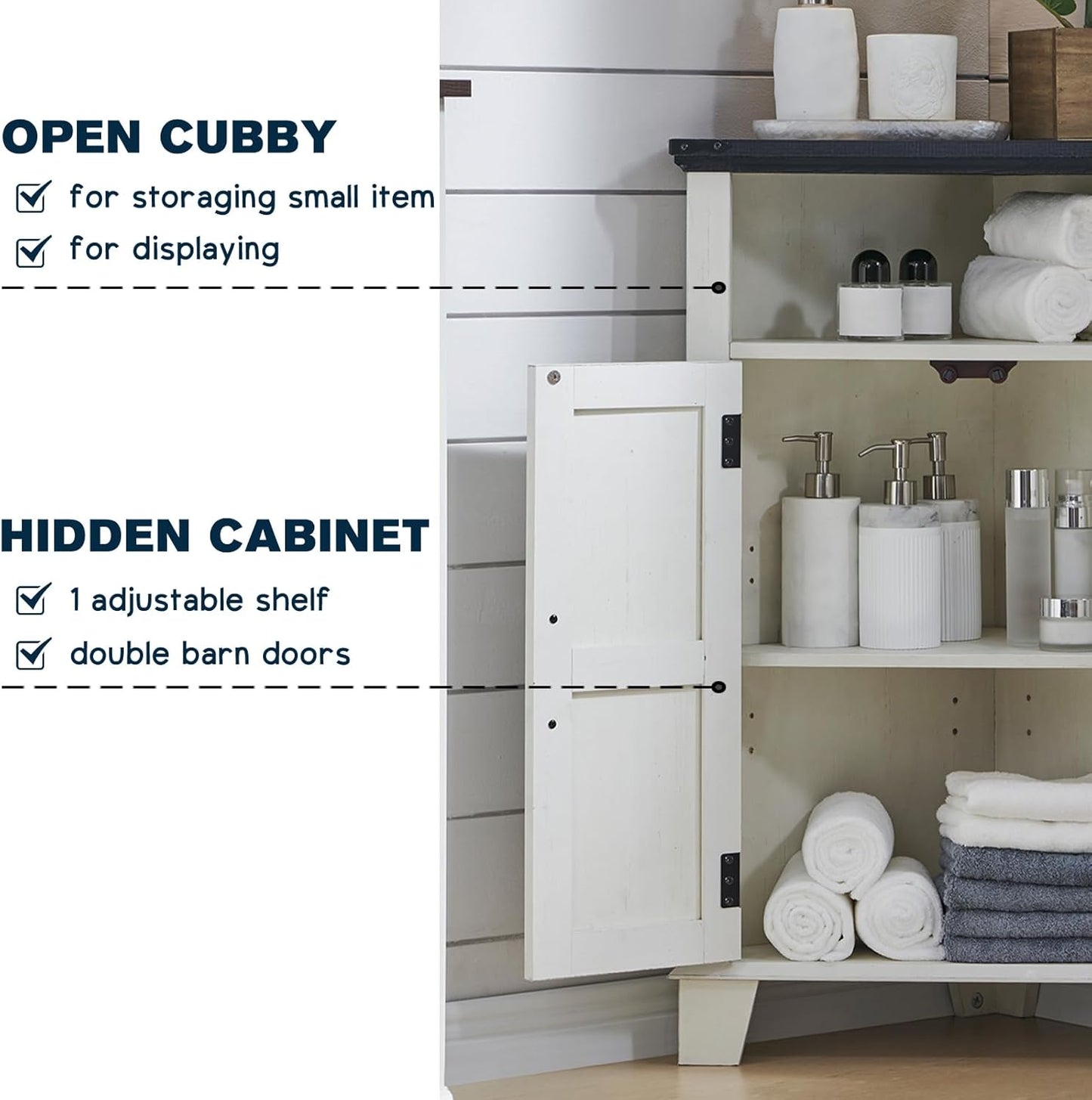 Corner Bathroom Cabinet, Farmhouse Small Corner Cabinet with Barn Door & Adjustable Shelf, Storage Cabinets for Bathroom, Kitchen, Living Room, Off White