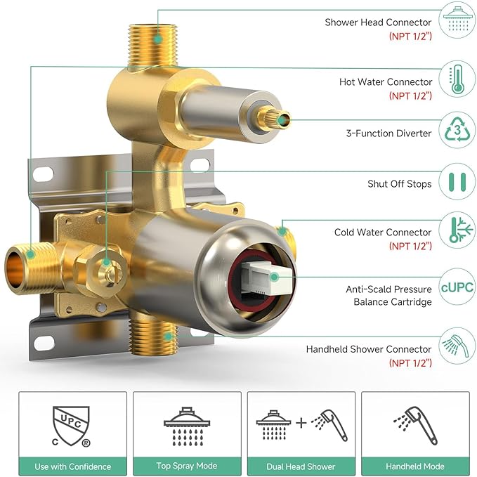SR SUN RISE 12 Inch Rain Shower System, High Pressure Shower Heads and Handheld 6-Spray Combo Set Slide Bar Shower Faucets Sets Complete Included Valve and Trim Kit for Bathroom, Brushed Nickel