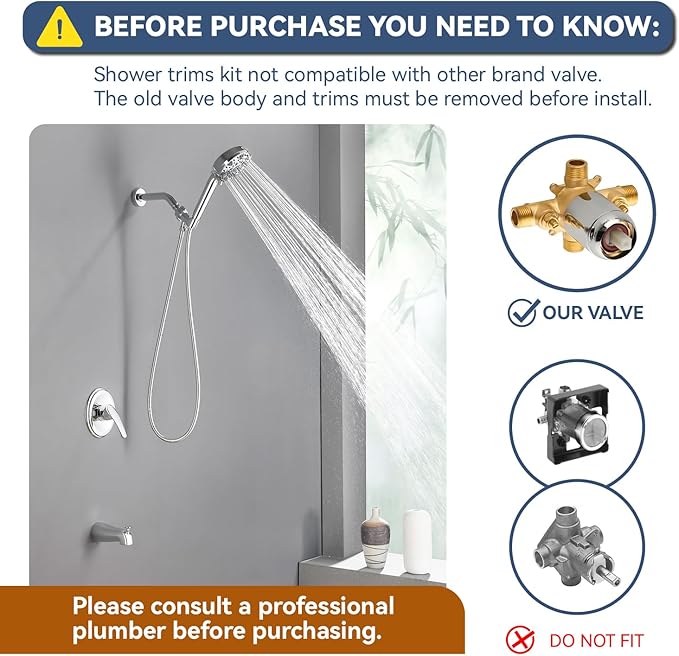 Chrome Polished Shower Faucet Set with Tub Spout, Handheld Shower Head and Trim Kit