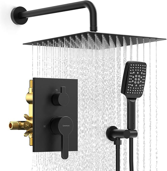 Shower Faucet Set Wall Mounted Shower head with Handheld Comb Rain System 6 Function Pressure Balance - Stainless Steel Bathroom Shower Kit Complete 12 Inch Matte Black(With Valve)