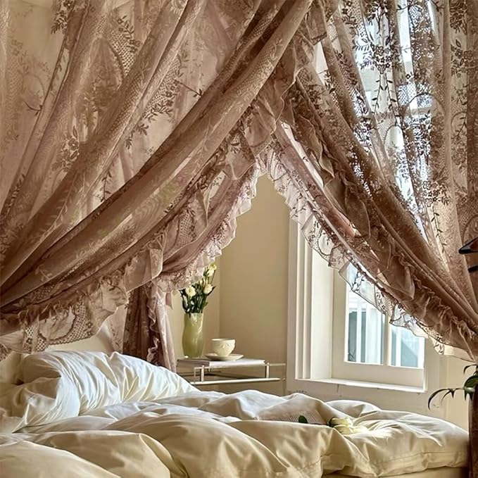 Elegant Lace Princess 4 Corner Post Mosquito Net Romantic for Girls Women Bed Curtain Canopy for Adult Wedding Bedroom Kids Rooms Decoration (Coffee, Queen)