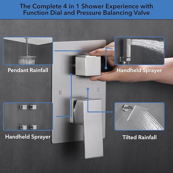 VANFOXLE Shower Faucet Set Brushed Nickel Shower System,Four Modes Shower Faucet with 2 in 1 Handheld,Ceiling Mount 10 Inch Shower Head with 6 Inch Shower Head, 4 PCS Dual Modes Body Jets
