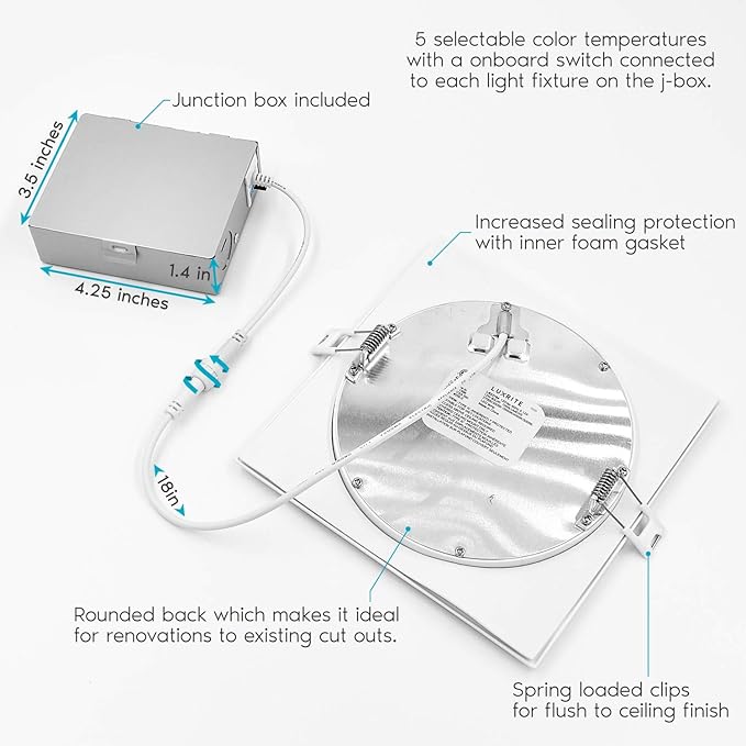 LUXRITE 6 Inch Ultra Thin Square LED Recessed Lighting, 5 Color Temperature Options 2700K - 5000K, Dimmable LED Downlight, 12W, IC & Wet Rated, 1000 Lumens, Canless LED Recessed Light, ETL (6 Pack)