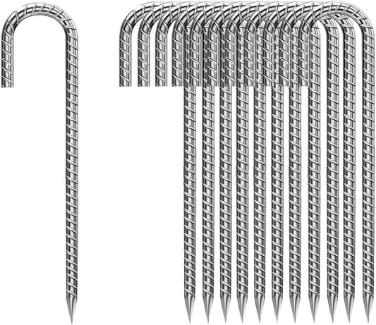 Ground-Stakes-Heavy-Duty-12 inch, J-Hook Rebar Stakes Galvanized Anti-Rust 20pcs Garden Stakes Metal Ground Anchors for Garden Dog Fence Chicken Coop Christmas Decorations Deer Fence