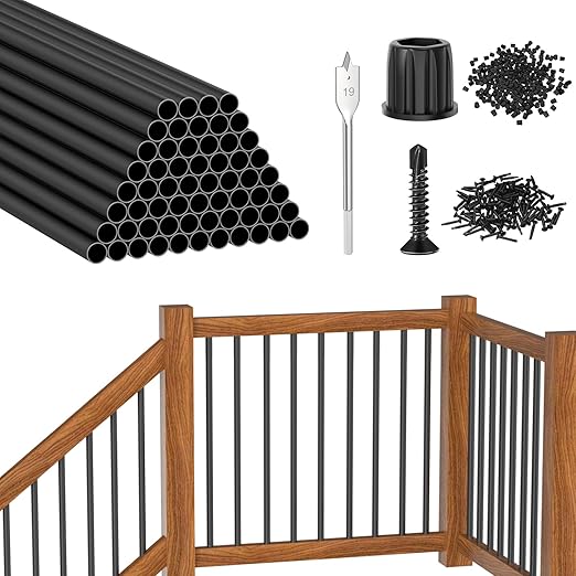 CKE 60 Pack 32" Round Aluminum Deck Balusters, 3/4" Diameter Hollow Round Black Aluminum Balusters for Deck Railing, Metal Deck Baluster Staircase Spindles with Screws/Conector for Railing Fencing R32