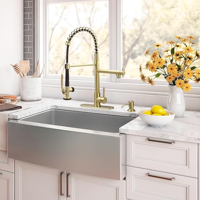 Fapully Commercial Kitchen Sink Faucet with Pull Down Sprayer Brushed Gold Single Handle Faucets for Kitchen Sink, Kitchen Faucet with Soap Dispenser and Deck Plack for 4 Hole