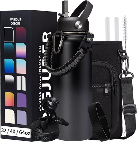 Vacuum Insulated Water Bottle 40oz - w/Straw Lid & Spout Lid, Carrier Bag, Paracord Handle, Bottle Boot, Reusable Stainless Steel Water Bottle for Adults, Wide Mouth Thermo Flask Cold-48H Hot-24H