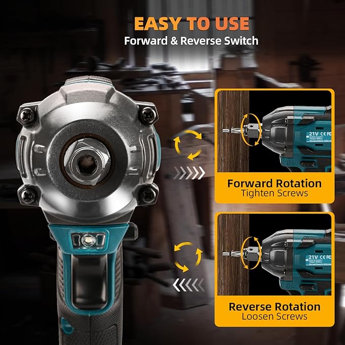 300N.m Cordless Impact Wrench, 21V Torque Power Impact Driver, 1/2" Brushless Impact Gun with 2*2.0Ah Batteries with 19 Accessories, Electric Impact Motor Variable Speeds for home installation (Blue)
