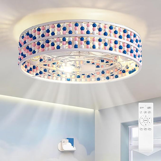 Moooni Colorful Wood Beaded Ceiling Fan with Light 19 inch Boho Wood Beaded Fandelier 6 Speed Flush Mount Ceiling Fan with Light Boho Fandelier