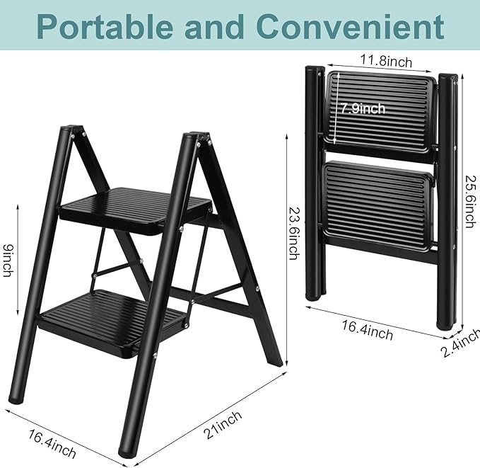 Upgraded 2 Step Ladder, 330 lbs Folding Aluminum Step Stool with Wide Anti-Slip Pedals, Lightweight & Portable Ladder for Kitchen, Closet, Office, Home Use - Black