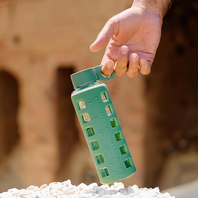 purifyou Premium 40/32 / 22/12 oz Glass Water Bottles with Volume & Times to Drink, Silicone Sleeve & Stainless Steel Lid Insert, Reusable Bottle for Fridge Water, Milk, Juice (12oz Shale Green)