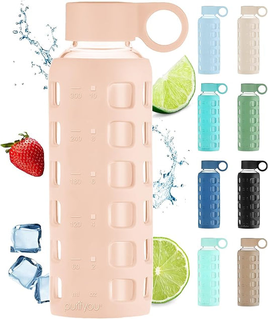 purifyou Premium 40/32 / 22/12 oz Glass Water Bottles with Volume & Times to Drink, Silicone Sleeve & Stainless Steel Lid Insert, Reusable Bottle for Fridge Water, Milk, Juice (12oz Hazelnut)