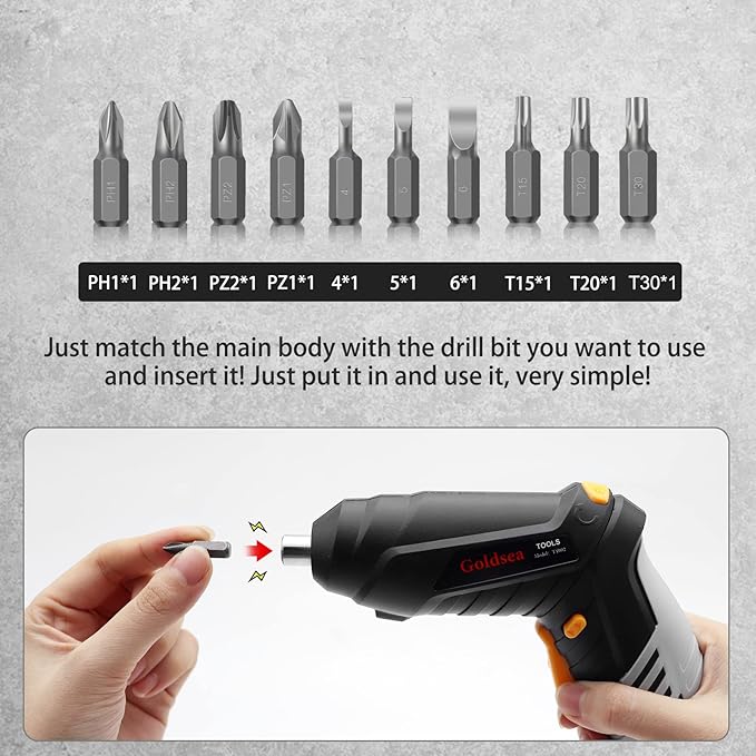 Electric Screwdriver Goldsea 4.2V Cordless Screwdriver 3.5N.m 1500mAh Type-C Charging 10pcs Screwdriver Bits 1/4” Hex Chuck 90°/180° deformation handle Forward and reverse adjustment LED Light