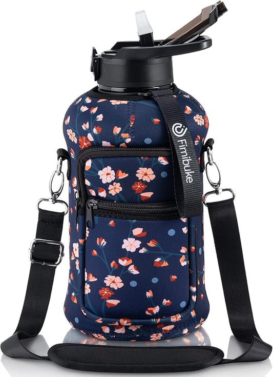 Fimibuke Half Gallon Water Bottle with Sleeve 64 OZ Water Bottle with Handle & Straw Leakproof Motivational Sports Gym Water Bottle with Time Marker BPA Free Water Jug with Reusable Neoprene Holder