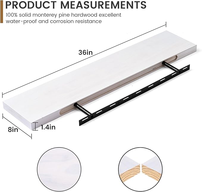 Floating Shelves 36 Inches Long - 8 Inch Deep Rustic Premium Solid Pine Wood for Storage - Farmhouse Wall Mounted for Living Room - Heavy-Duty Metal Bracket - 36" W x 8" D - Set of 2 - White Color