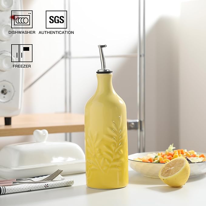 Sweejar Ceramic Olive Oil Dispenser Bottle, 20 Oz Relief Opaque Oil Cruet Protects To Reduce Oxidation, Suitable for Storage Soy Sauce, Coffee Syrup, Liquids, Set of 1 (Gradient Yellow)