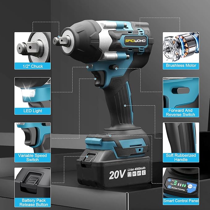Cordless Impact Wrench 1/2 Inch - 600N.m Battery Powered High Torque Impact Gun with 2 Packs 4.0Ah Batteries, Electric Impact Driver/Drill for Auto Repair, Home DIYers and Mechanics