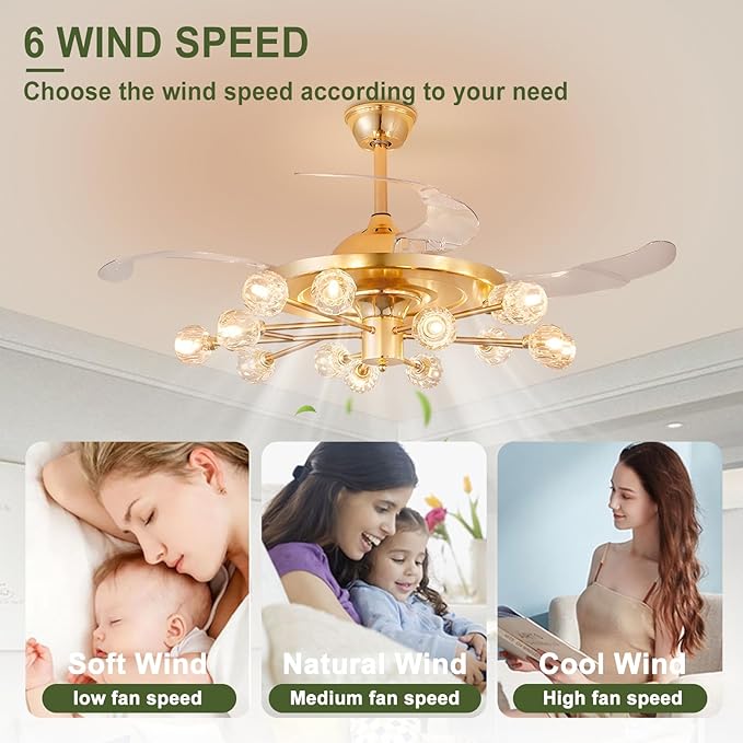 48" Chandelier Ceiling Fans with Lights: 15-Light Sputnik Crystal Ceiling Fan Chandelier - Modern Retractable Fandelier Ceiling Fan for Living Dining Room Bedroom - Gold Fandelier with Lights