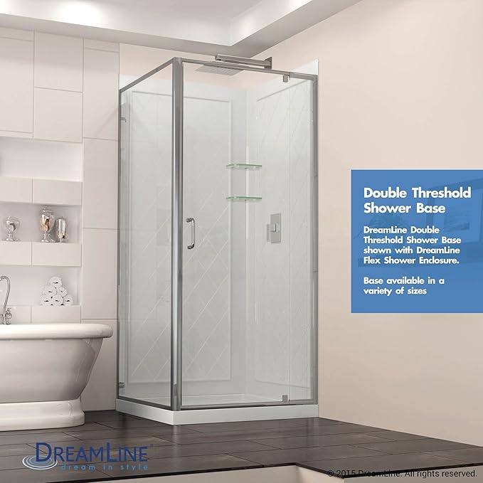 DreamLine SlimLine 36 in. D x 36 in. W x 2 3/4 in. H Corner Drain Double Threshold Shower Base in White, DLT-1036360