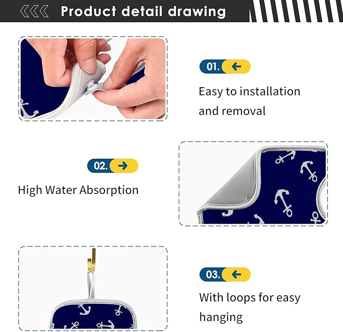 Nautical Theme Anchor Faucet Water Catcher Mat 2 Pack Navy Blue Sea Coastal Drying Mat Absorbent Bathroom Faucet Handle Drip Catcher Tray Bar RV Kitchen Sink Splash Guard 30x5 Inches