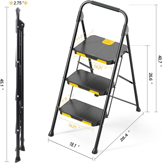 KINGRACK 3 Step Ladder, Sturdy Steel Step Stool with Safe-Lock Design, Handrail, Anti-Slip Wide Pedals, Pass 800lbs Load Testing, Folding Portable Ladder for Multi-Purpose, Home, Kitchen, Black