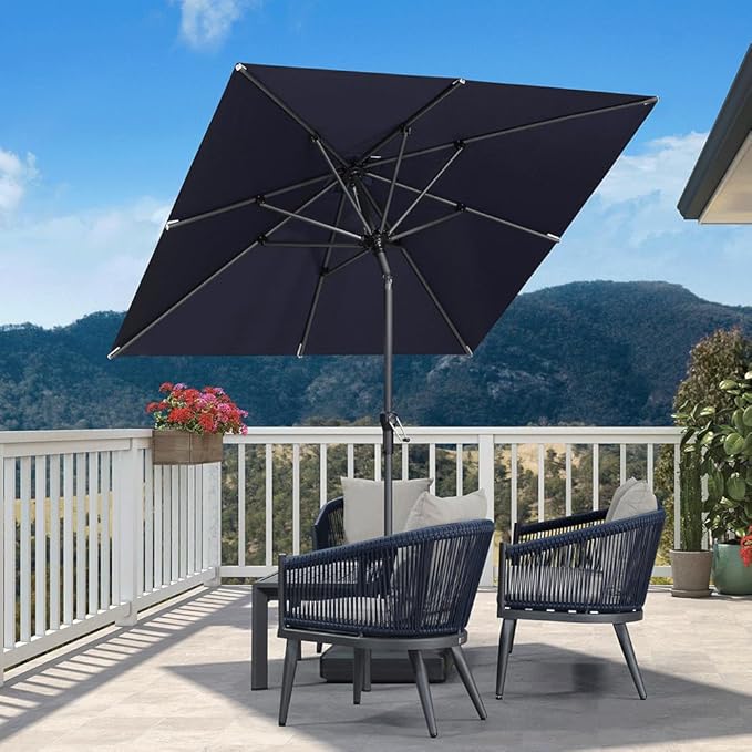 PURPLE LEAF 6.5' x 6.5' Square Patio Umbrella Outdoor Table Umbrella Aluminum Frame Market Umbrella Sun Umbrella with 8 Sturdy Ribs Tilt for Garden Deck Lawn Pool Light Navy Blue