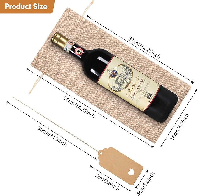 Homum 24Pcs Premium Burlap Wine Bags and 12Pcs Gift Tags, Reusable Wine Gift Bags with Drawstrings, Wine Bottle Bags, Wine Bags for Wedding, Birthday, Blind Tastings, Christmas,Party, Home Storage